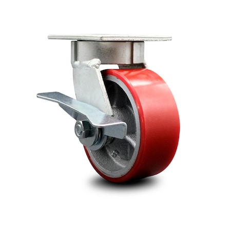 Service Caster 5 Inch Kingpinless Red Poly on Steel Wheel Swivel Caster with Brake SCC SCC-KP30S520-PUR-RS-SLB